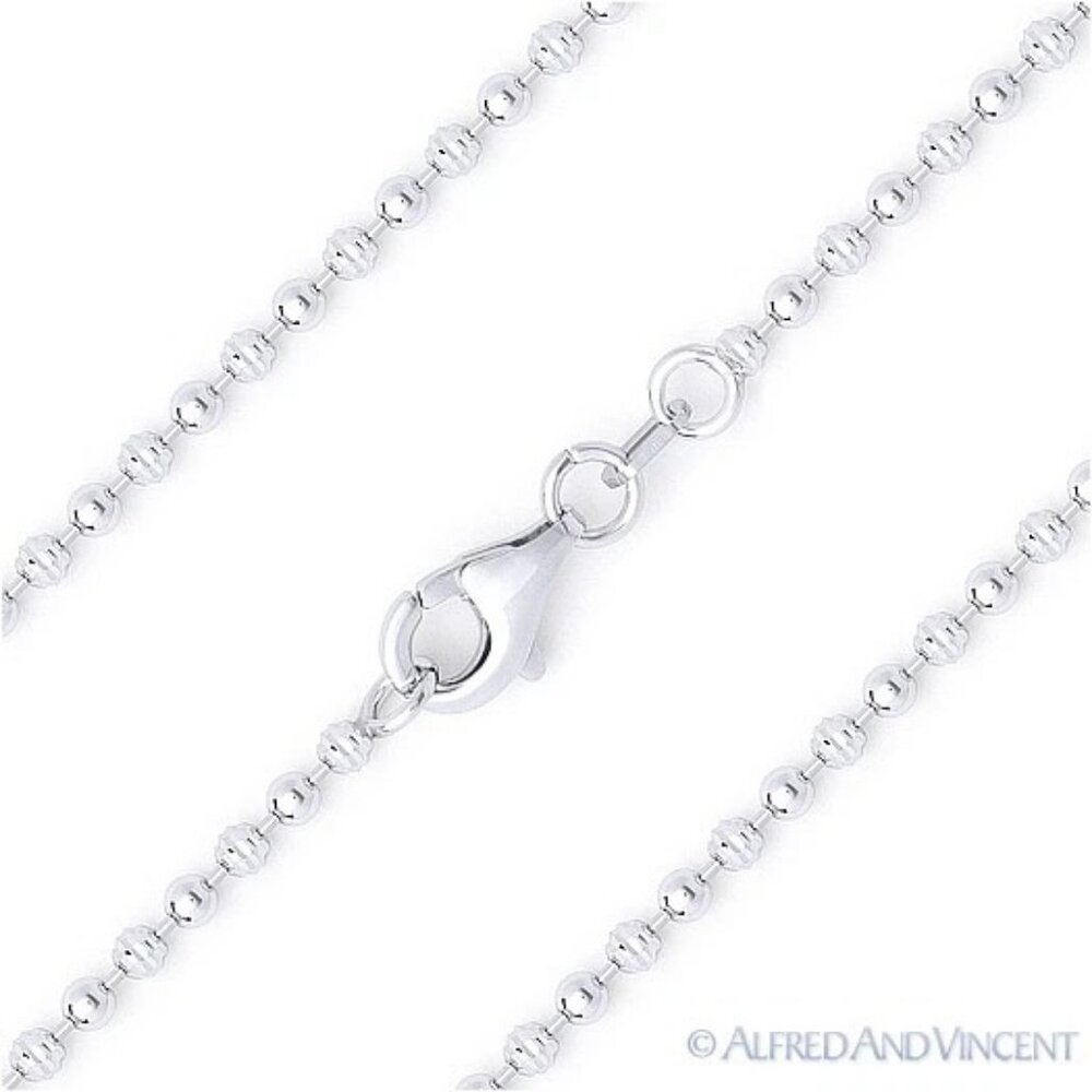 2mm Diamond-Cut & Ball Bead Link Chain Necklace in .925 Sterling Silver w/ Rhodi